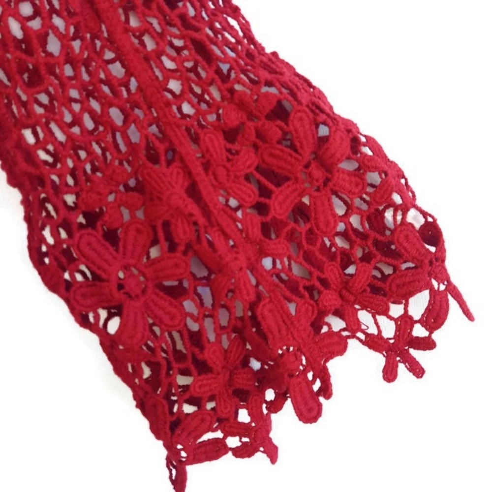 Vintage Breeze Ever Cotton Flower Crochet Macrame Red Bell Sleeve Swim Cover Up - Picture 3 of 5